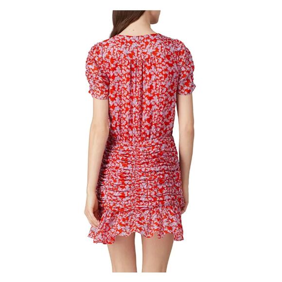 Tanya Taylor Red Floral Mini Wrap Dress Size 4 Silk Chiffon Ruched Designer $500 - Picture 4 of 13